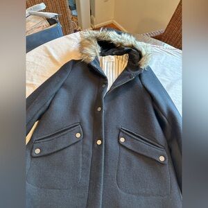Zara Girls Wool Coat with attached faux fur hood. Black size 13/14